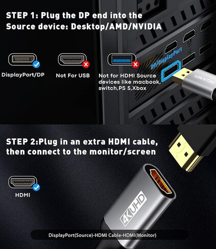 8K DisplayPort 1.4 to HDMI 2.1 Adapter with 4K 120Hz/ 8K 60Hz, Unidirectional DP to HDMI Cable Adapter, Display Port for AMD, NVIAID, Not Work with PS5/Xbox, No VRR Support in Kuwait