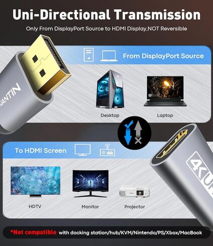 8K DisplayPort 1.4 to HDMI 2.1 Adapter with 4K 120Hz/ 8K 60Hz, Unidirectional DP to HDMI Cable Adapter, Display Port for AMD, NVIAID, Not Work with PS5/Xbox, No VRR Support in Kuwait