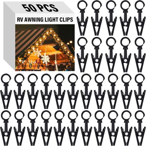 50 Pcs RV Awning Light Clips Clear Curtain Hooks with Clips 360° Camper Trailer Christmas Party String Light Holder Hanger with Ring for Caravan Curtain Wall Banners Photos Display Decor in Saudi Arabia