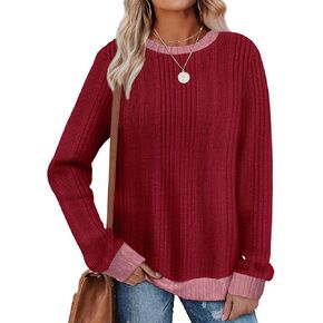 SAMPEEL Womens Tops Long Sleeve Shirts Lightweight Sweaters Loose Fit Crewneck Color Block Fall Fashion Outfits in Kuwait