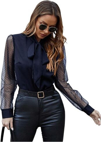 Milumia Women's Polka Dots Contrast Mesh Tie Bow Neck Blute Dary Button Down Drow Tops Work Tops in Kuwait