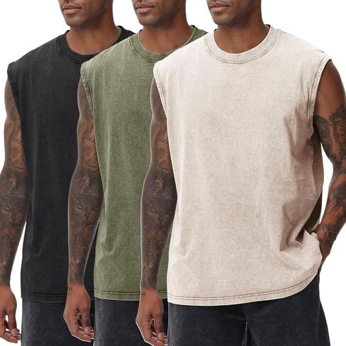 Arssm Mens Cotton Tank Tops Workout Sleeveless Tees Shirts Cut Off Muscle Gym Acid Wash Running Tees in Saudi Arabia