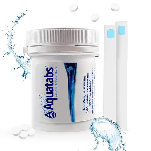 Drinking Water Essentials Kit - 100 Aquatabs Water Purification Tablets + 50 Chlorine Test Strips - Boat & RV Tanks or Hiking, Backpacking, Camping, Emergency & Home-Use by Aquamarine Water Solutions in Saudi Arabia