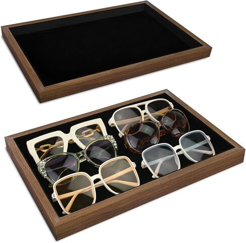 MOOCA 2 Pcs Wooden Jewelry Display Tray, Presentation Tray, Organizer for Rings, Necklaces, Earrings, and Accessories, Walnut Color with Black Suede, 14" W x 9.6" D x 1.2" H in Saudi Arabia