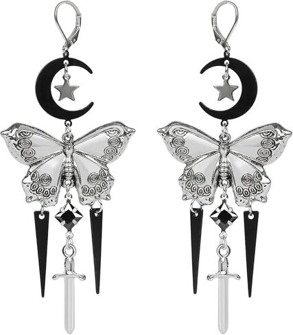 Gothic Moon & Star Butterfly Drop Earrings – Exaggerated Long Pendant Stud Earrings for Women, Vintage Brass Jewelry, Boho Punk Style Statement Piece in Kuwait