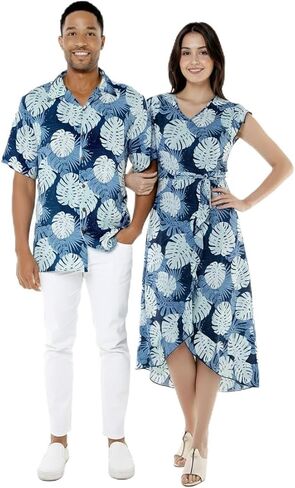 Matchable Couple Hawaiian Luau Shirt or Wrap Ruffle Dress in Pacific Palm Cream in Saudi Arabia