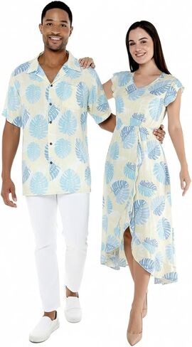 Matchable Couple Hawaiian Luau Shirt or Wrap Ruffle Dress in Pacific Palm Cream in Saudi Arabia