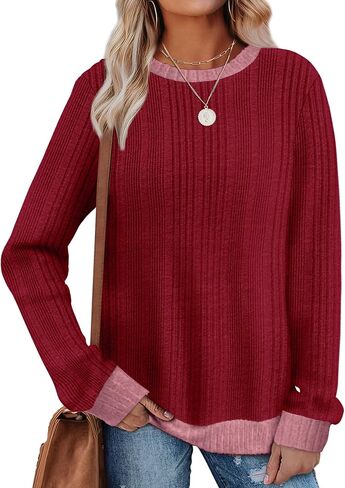 SAMPEEL Womens Tops Long Sleeve Shirts Lightweight Sweaters Loose Fit Crewneck Color Block Fall Fashion Outfits in Kuwait