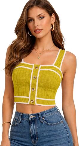 Women’s Sleeveless Knit Crop Top Square Neck Button Front Ribbed Tank Cami Fitted Stretchy Summer Layering Shirt in Saudi Arabia