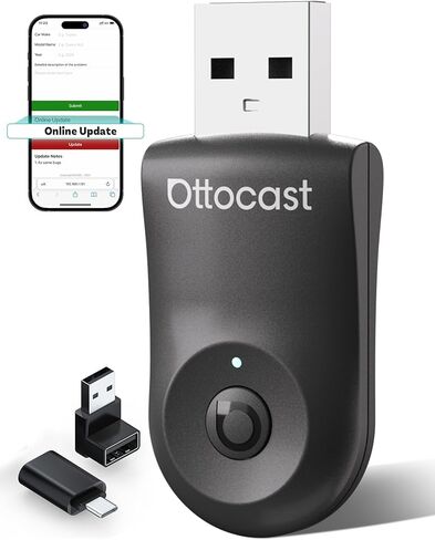 Ottocast Mini 2025 Wireless Carplay & Android Auto 2-in-1 Adapter ، Plug & Play ، 5Ghz WiFi ، Auto Connect for iPhone & Android ، يناسب 98 ٪+ OEM Carplay Cars in Kuwait