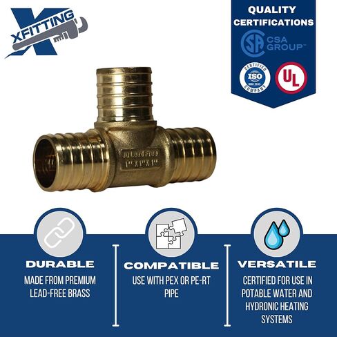 10 قطع XFITTING 1 بوصة × 1 بوصة × 1 بوصة PEX TEE - تركيبات تجعيد نحاسية (نحاس خالٍ من الرصاص) NSF، منفذ كامل in Kuwait