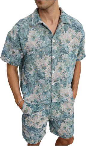 Men's 2 Piece Vacation Outfits Floral Short Sleeve Button Down Shirt and Shorts Summer Clothing Set in Saudi Arabia