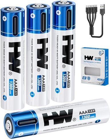 HW AAA Rechargeable Battery, [1.5V, 4-Pack] 1300mWh Lithium Batteries with USB-C Cable, 1600Cycles Triple A Batteries for Remote Controls, Wireless Mouse, LED Flashlights, Electronic Toys, etc. in Saudi Arabia