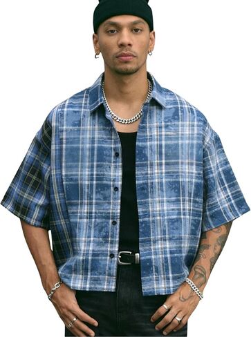 Verdusa Men's Hip Hop Colorblock Plaid Button Down Shirts Drop Shoulder Loose Tops Streetwear in Saudi Arabia