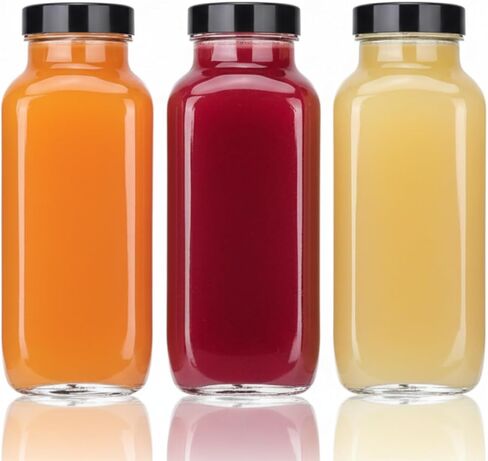 16 Pack 8 oz Glass Juice Bottles with Black Lids & Labels, Reusable Travel Juice Storage Containers, Clear Glass Drink Jars for Juicing, Water, Ginger, Wellness Shots - Leakproof, Dishwasher Safe in Saudi Arabia