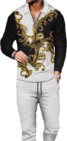 Men's Polo Track Suit Sets Long Sleeve Mens Outfits 2 Piece Fashion Sweatsuit Comfy Casual Set for Men in Kuwait