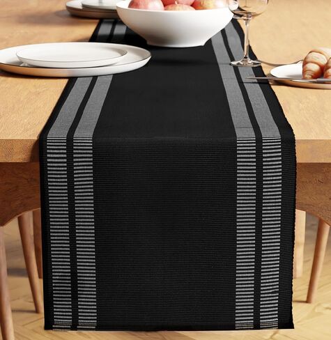 Encasa XO Dining Table Runner 13"x59" | Yarn Dyed Fine Ribbed Cotton | Solid Black | Machine Washable in Saudi Arabia