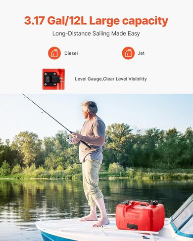 VEVOR Boat Marine Fuel Tank, 12 Gallon/55L, Portable Fuel Gas Tank for Outboard Engine Boats, Plastic Outboard Marine Boat Fuel Tank with Hose, Easy to Carry for Yacht, Fishing & Deck Boat, Red in Saudi Arabia
