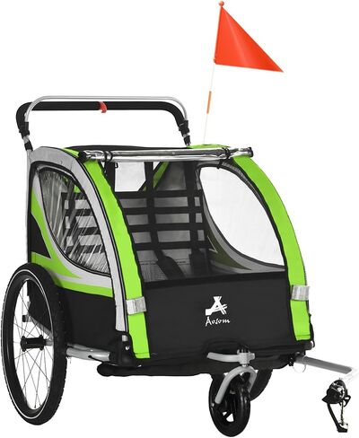 Aosom 3-in-1 Walk/Jog/Ride Child Baby Bike Trailer for Kids 2 Seater, High-Visibility Bike Stroller for Toddler Wagon, Weather-Strong Double Bicycle Trailer Accessory for Kids in Saudi Arabia
