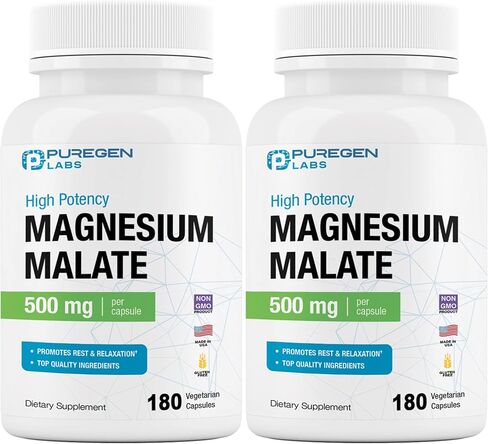 Puregen Labs Magnesium Malate 500mg | High Potency Elemental Magnesium | 180 Veggie Caps, Superior Absorption, Non-GMO, NO Gluten and Dairy, Supports Muscle, Joint, and Heart Health in Saudi Arabia