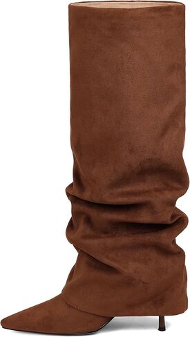 Knee High Boots for Women Fold Over Slouchy Stiletto Heel Long Boots Zipper Pointed Toe Boot for Women in Saudi Arabia