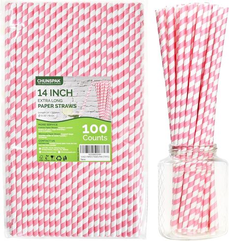 Biodegradable Pink Paper Straws for Drinking - 10 Inches Long, 0.24" Diameter, Pack of 100 in Saudi Arabia