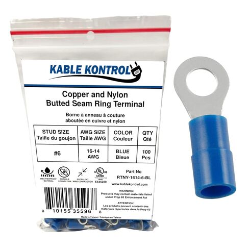 Kable Kontrol Nylon Insulated Ring Terminals - 16-14 AWG 100 Pcs UL Listed – Butted Seam Marine Grade Electrical Wire Crimp Terminals, Copper & Nylon, for Automotive, Marine HVAC, Aerospace - Blue in Saudi Arabia