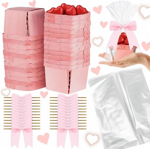 Kigley 24 Set Mini Basket for Gift فارغة متينة صغيرة إلى سلال هدايا هدايا خشبية مع 24 حقيبة 24 Bow Candy حفل زفاف لصالح عيد ميلاد (وردي ، 4.02 × 2.56 × 2.95 بوصة) in Kuwait