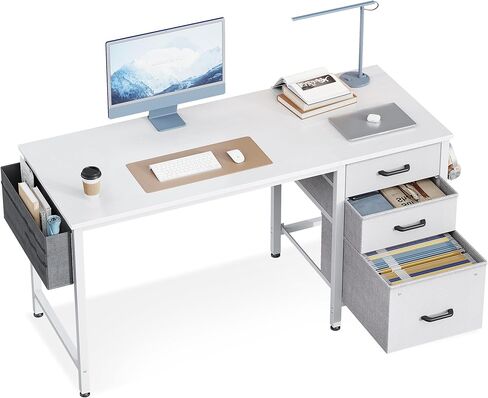 Casaottima 40 Inch Small Home Office Computer Desk for Bedroom with Fabric Drawers & File Cabinet, Cloth Storage Bag and Hook, Writing Study Work Desk for Small Space, Snow White in Kuwait