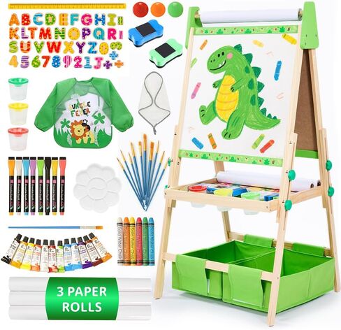 Art Easel for Kids تتراوح أعمارهم بين 2-4 4-8 ، طفل صغير مع 3 لفائف ورقية ولوحة بيضاء مغناطيسية وأطفال من الفنون الخشبية القابلة للتعديل مع الأطفال الصغار 2،3،4،5،6،7،8،9،10 سنة الأولاد والبنات ، الأخضر in Kuwait