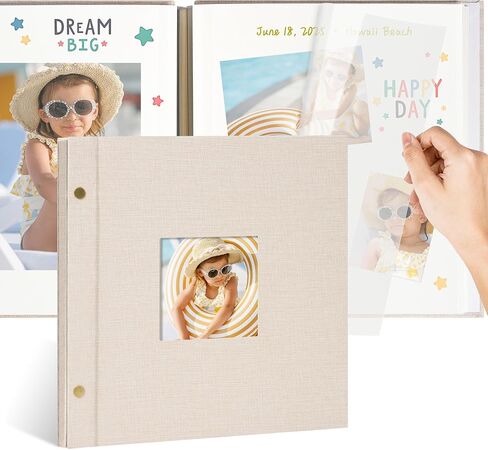 10 × 10 بوصة ألبوم صور لماشية من الكتان مع نافذة - 20 صفحة (10 أوراق) سجل قصاصات لتخرج عائلة الزفاف ، الكاكي in Kuwait