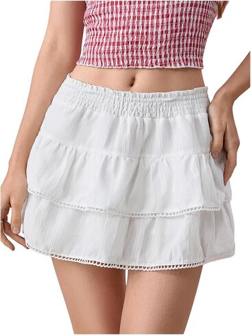 Floerns Women's Elastic Waist Layered Ruffle Mini Skort Lace Trim Cute A Line Skirt in Saudi Arabia