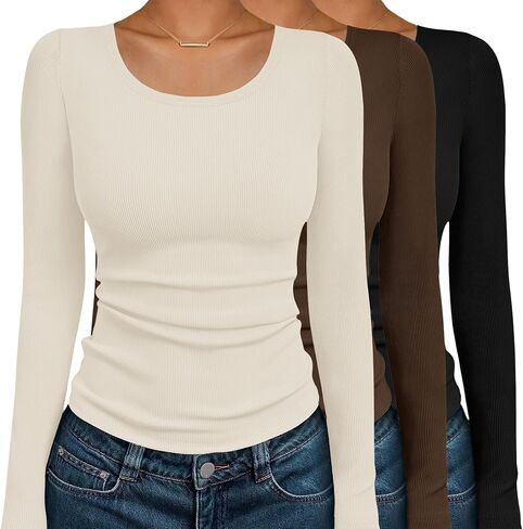 Ekouaer Womens Long Sleeve Shirts 3 Packs Scoop Neck Ribbed Tops Fitted Thermal Undershirt Soft Layering Tees XS-XXL in Saudi Arabia