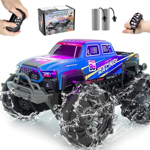 Amphibious Remote Control Car, Monster Trucks for Boys Age 4-7, Monster Truck Toys W/Blocks & 360°Spin, 4WD All-Terrain Off-Road RC Cars with 2 Batteries 100 min, 2.4Ghz Pool Toy Gift for Kids in Saudi Arabia