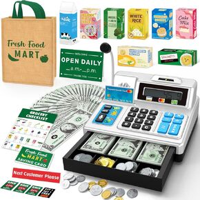 حاسبة CANCULATION CASH REGINE GIFT FAIL YEAR AGE 3 ، 4 ، 5 ، 6 ، 7 ، 8+ YEARY ، 120 PCS Playset مع لعبة Cash Cash ، صناديق البقالة ， الميكروفون ، قم بتشغيل سجل نقدي للأطفال الصغار 4-8 ، Swervery in Kuwait