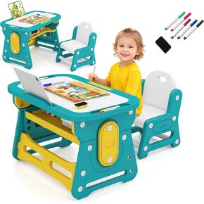 INFANS Kids Table and Chair Set, Activity Table with Magnetic Drawing Board 4 Gears Adjustable Height Bookshelf Watercolor Pens, Toddler Plastic Furniture Table for Playing Reading Eating in Kuwait