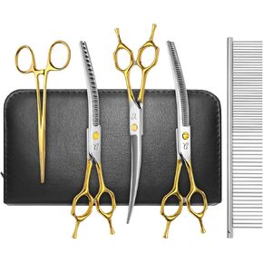 Dog Grooming Scissors Set, Professional 4 in 1 Dog Shears Set,Chunker Scissers,Curved Scissors,Thinning Shears and Comb for Cat Pet with Left Handed Deg Curved Shear in Kuwait