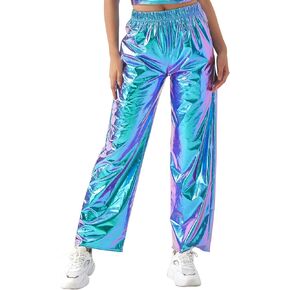 Womens Drawstring Cargo High Waist Jogger Pants Sexy Metallic Sparkly Wide Leg Pants Trousers Clubwear in Saudi Arabia
