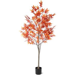 2 Pcs 5Ft Autumn Artificial Maple Tree Realistic Fall Maple Plants with Silk Leaves and Texture Trunk Faux Tree on Fall Thanksgiving Day Home Decor Office Indoor Outdoor Gift in Saudi Arabia