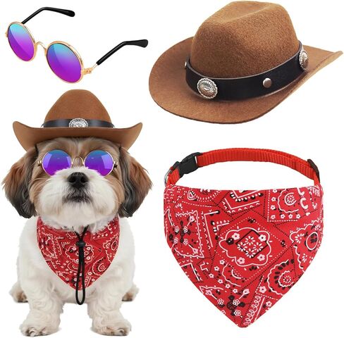 Pet Cowboy Hats Dog Cat Halloween Costumes Cute West Cowboy Hat Bandana Festival Cosplay Accessories (Brown + Red) in Kuwait