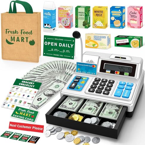 حاسبة CANCULATION CASH REGINE GIFT FAIL YEAR AGE 3 ، 4 ، 5 ، 6 ، 7 ، 8+ YEARY ، 120 PCS Playset مع لعبة Cash Cash ، صناديق البقالة ， الميكروفون ، قم بتشغيل سجل نقدي للأطفال الصغار 4-8 ، Swervery in Kuwait