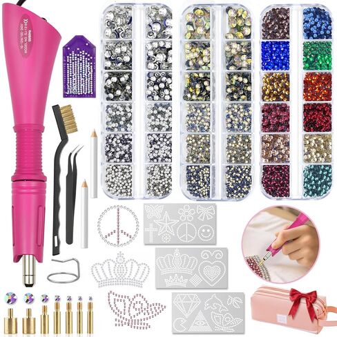 Hotfix Rhinestones Applicator Kit with 4600 Crystals (White/AB/12-Color) & 19 Pattern Templates - Bedazzler Craft Kit Includes Tweezers, Storage Bag for Clothes, Fabric, Party costumes DIY Accessories in Saudi Arabia