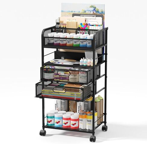 Art cart, 5 Tier Rolling Cart - Utility Cart with Storage Drawer and Wheels, Versatile Art & Craft Organizer for Home, Office, or Studio Ideal for Storing Brushes, Paints in Kuwait