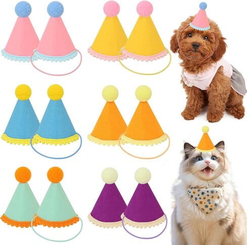 12pcs قبعات الحفلات المصغرة للحيوانات المحشوة ، قبعات معكرون للدمى الكلب كات أرنب الجراء عيد ميلاد حزب المخروط قبعات صورة in Kuwait