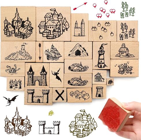 Marspark 24 PCS Compass Mountains Stamp Combo Map Making Rubber Stamp Stamps Compass Outdoor Scenery Stamps لمغامرات آر بي جي ، ورواية القصص ، والمشاريع الإبداعية in Kuwait