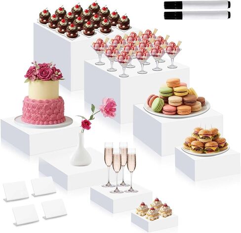 8 Pieces White Acrylic Food Risers and 8 Signage 2 Markers Cube Nesting Risers Stands with Hollow Bottoms for Buffet Table Catering Dessert Food Display Collectibles Show, Assorted Sizes in Saudi Arabia