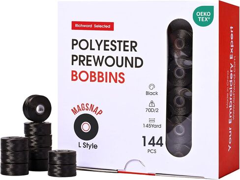 Richword Selected Prewound Bobbins, White Magsnap 144pcs Size L(SA155), 60WT Polyester Bobbin Thread for Commercial Multi Needles Embroidery Machine in Kuwait