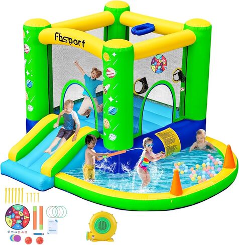 FBSPORT HOME -ENVERATABLE BOUNCE ، شريحة قلعة Bounce Bounce للداخلية الخارجية ، BOUND BABY JUMPER BOUNCER ، Kids Jumping Bouncy House مع منفاخ ، حمام سباحة الكرة ، كرة السلة ، لعبة DART ، GRAY in Kuwait