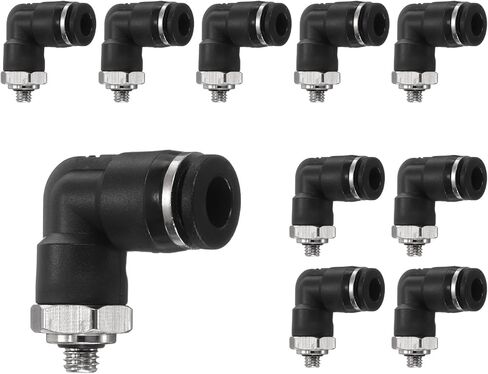 HARFINGTON Push to Connect Fittings Male Elbow 6mm Tube OD x 10-32 UNF Thread Plastic Quick Connect Air Hose Pneumatic Fitting Kit Push Lock Connector PL6-U, Black in Kuwait
