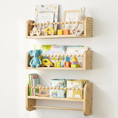 SAG's store Floating Nursery Shelves - Set of 3 Natural Wood Wall-Mounted Bookshelves for Kids Room, Baby Room, Nursery Decor - 15.7" Wide, Solid Wood Shelves for Books, Toys, and Decor Storage in Saudi Arabia